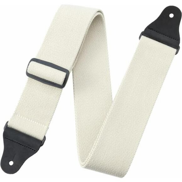 Milk White Cotton Guitar Strap Wide Adjustable Leather Ends Bass Electric - Picture 1 of 7